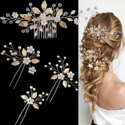 4 Pieces Gold Leaf Bridal Hair Pins, Crystal Wedding Hair Accessories - Hair Comb with Rhinestone Hair Pins and Pearls for Bride, Bridesmaids, Flower Girls