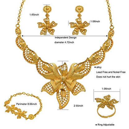 indian Women Jewelry Necklace Set african Dubai Bride Wedding Prom Fashion Jewelry 24K Gold Plated Necklace Bangles Rings Earrings - color: S-58