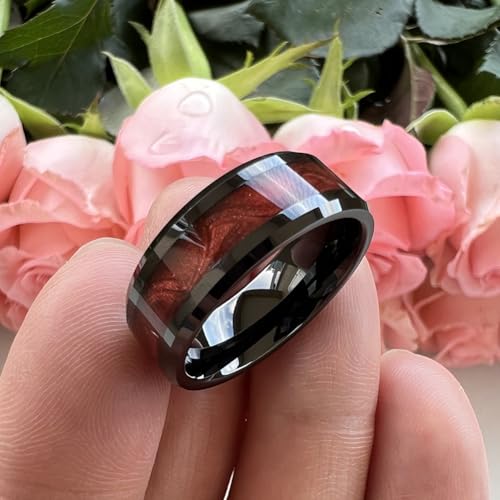 TUTISS 8mm Black Tungsten Rings for Men Women Flowing Sand Inlay Fashion Engagement Promise Wedding Band Beveled Polished Shiny Comfort Fit - color: 8mm Red Sand