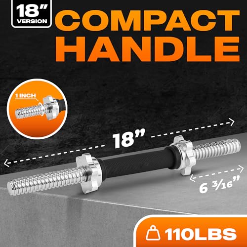 Yes4All Threaded Dumbbell Handles, Adjustable Dumbbell Bar Pair, 14/16/18/24-Inch Sizes, Fits 1" or 1.15" Plates, Non-Slip Grip, Secure Star-Lock Collars - color: 18" - Chrome & Rubber - Silver