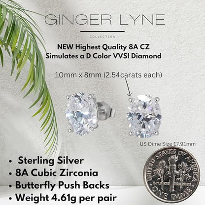 Ginger Lyne 5Ct Oval Cubic Zirconia Stud Earrings 10mm for Women | Sterling Silver Earrings 10mm Oval Cubic Zirconia Stone 14K Gold Plated and White Gold Plated Options, Push Back Stud Setting - color: Silver
