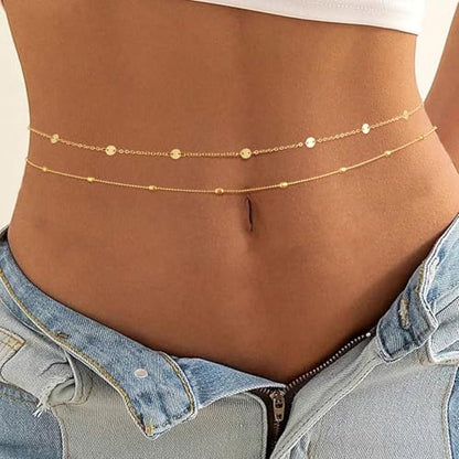 Gold Waist Chain for Women Dainty 14K Gold Plated Layered Belly Chain Adjustable Bikini Belly Beads for the Waist Waterproof Beach Accessories Body Chain Jewelry for Gifts - style: BY0007