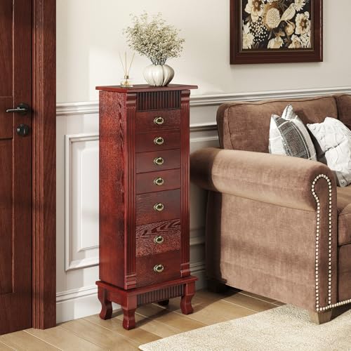Giantex Standing Jewelry Cabinet with 7 Drawers, Flip-Top Mirror, 2 Side Doors with 12 Necklace Hooks, Divided Ring Compartments, Velvet-Lined Jewelry Armoire Organizer Chest (Cherry) - color: Cherry