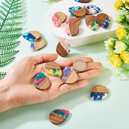 Beadthoven 16pcs/8 Pairs Natural Wood Resin Charms DIY Earrings Pendants Teardrop Geometric Wood Pendants Bohemian Wooden Pieces for Statement Jewelry Making Findings Women Necklaces - color: Chips-Drops