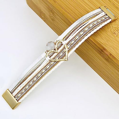 Womens Love Heart Leather Wrap Bracelet Multi-layer Stacked Bangle | Magnetic Clasp Soft PU Leather Resin Stone Rhinestone Boho Style Birthday Valentine Christmas Bohemian Jewelry Gift - color: White