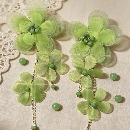 Flower Earrings for Women Long Fabric Flower Tassel Earrings Bohemian Handmade Floral Statement Earring Wedding Prom Jewelry Gifts - color: A7:green