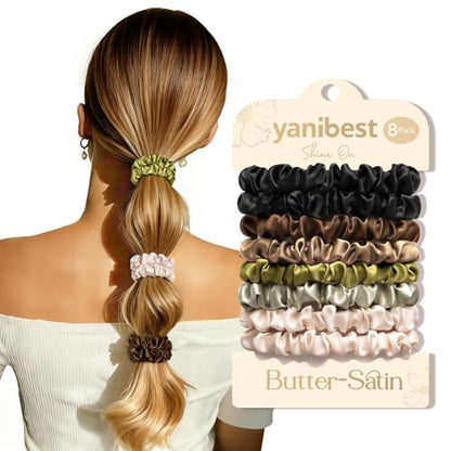 Yanibest 8 Pcs Satin Hair Ties - Thin Hair Scrunchies for Women & Girls | Silk Feeling Soft Hair Ties No Damage Frizz Free, Ponytail Holders Gentle on Hair for Fine to Medium Hair - color: Green
