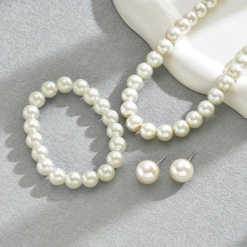 CSIYANJRY99 Pearl Necklace and Earring Set Faux Pearl Jewelry Sets for Women Imitation Beaded Pearl Necklace Bracelet Stud Earrings for Women - color: White Pearl