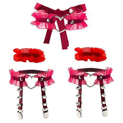 Eigso Velvet Gothic Garter for Women Heart Leg Ring with Rivets Elastic Lace Bracelets Choker Set - color: Red