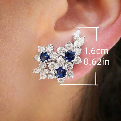 Exquisite Flower Blue Synthetic Gemstone Climber Stud Earrings for Women Wedding Party Earrings Jewelry - color: Silver