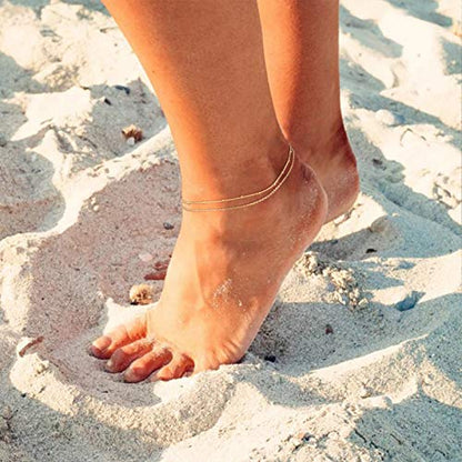 LOYATA Dainty Ankle Bracelet,14K Gold Plated Tiny Bead Anklet Dainty White Cubic Zirconia Cross Tassel Foot Chain Cute Lucky Moon Evil Eye Foot Jewelry Boho Anklets for Women - color: A double chain