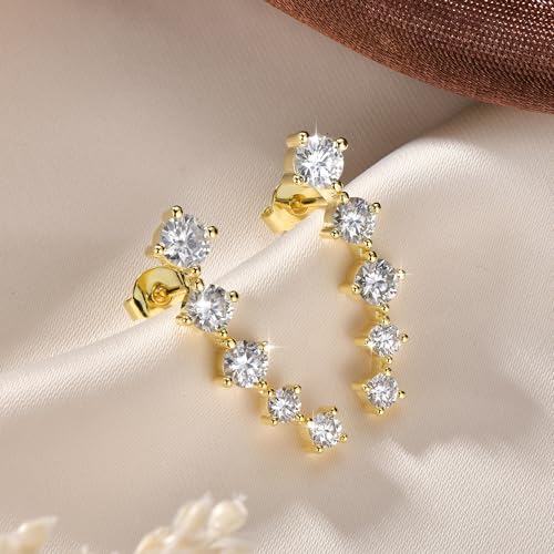 Moissanite Crawler Stud Earrings for Women, 14K Gold Plated Imitation Diamond 2.4 Carats Earrings Jewelry Valentine Anniversary Day Birthday Gifts for Her - color: Golden
