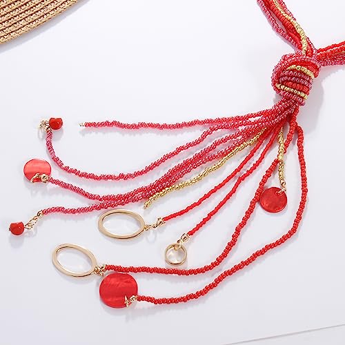Coiris Long Seed Beaded Multi Strand Necklace,10 Multiple Statement Long Bib Necklace with Tie Knot for Women and Girls Jewelry - color: Red