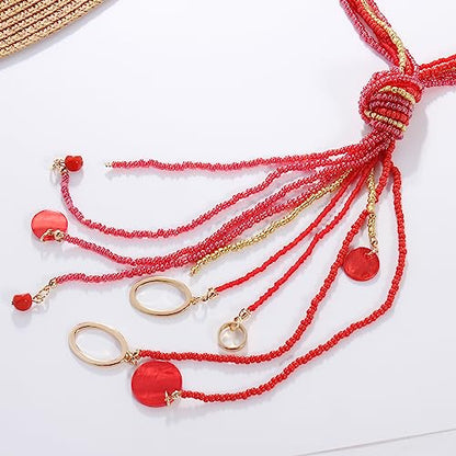 Coiris Long Seed Beaded Multi Strand Necklace,10 Multiple Statement Long Bib Necklace with Tie Knot for Women and Girls Jewelry - color: Red