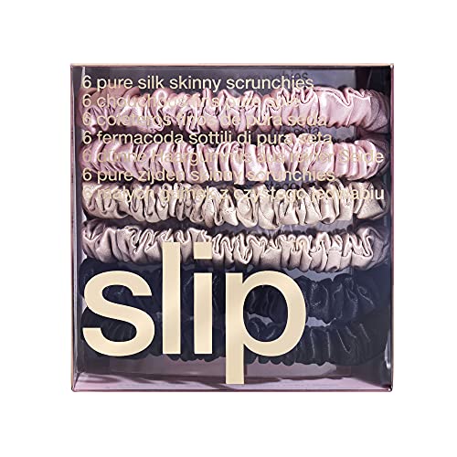 slip Skinny Scrunchies Multi | Set of 6 Pure Silk Skinny Scrunchies | Includes 2 Pink, 2 Caramel, 2 Black | 100% Mulberry Silk, Anti-Crease, Gentle on Hair, Reduces Breakage | Stylish & Durable - color: Black, Pink, Caramel