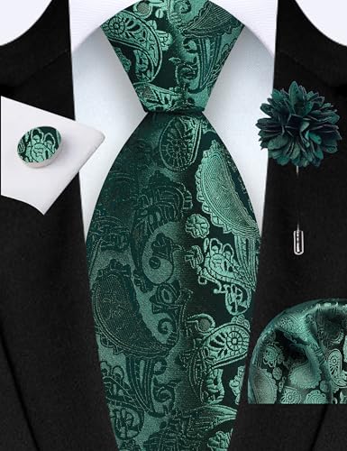 GUSLESON 3.15"（8cm） Mens Paisley Tie and Lapel Pin Necktie Hankerchief Cufflinks Set for Men - color: Dark Green