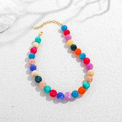 Chunky Beaded Necklace for Women Boho Statement Bead Necklace | Adjustable, Lightweight Choker, Round/Oval/Pebble Beads, Trendy Summer Beach Jewelry - color: Colorful