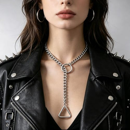 Heart O Ring Slip Chain Choker Necklace for Women Men Stainless Steel Cuban Chain Y-shape Necklaces Punk Rock Collar Adjustable Lariat Y Necklace Prom Necklaces Jewelry - color: Silver Triangular ring