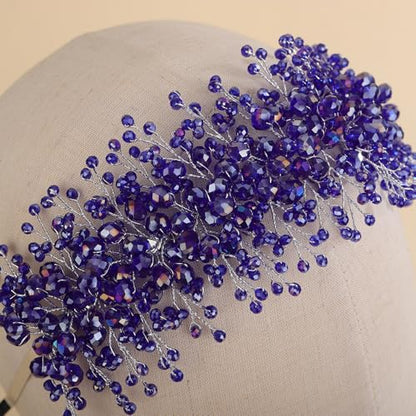 Rhinestones Beads Hair Crown for Wedding Brides Women Tiara Jewelry Handmade Sparkle Hair Piece - color: Blue
