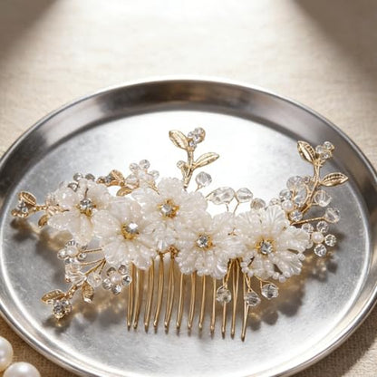Flower Leaf Design Wedding Hair Comb, Metal Bridal Hair Accessory with Rhinestone, Wedding Prom Hair Clip Headpiece for Women (Gold Flower Crystal) - color: Gold Flower Crystal