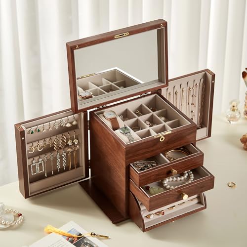 CHOSIN Black Walnut Wooden Jewelry Box for Women with Lock, Mirror, 4 Layer | Locking wity Key, 2 Drawers, Rotating Ring Holder, 2 Side Doors, Large Capacity for Necklaces, Earrings, Rings, Women Gifts - size: 4 Layer - Top & Side Lock