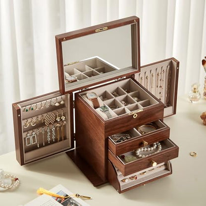 CHOSIN Black Walnut Wooden Jewelry Box for Women with Lock, Mirror, 4 Layer | Locking wity Key, 2 Drawers, Rotating Ring Holder, 2 Side Doors, Large Capacity for Necklaces, Earrings, Rings, Women Gifts - size: 4 Layer - Top & Side Lock