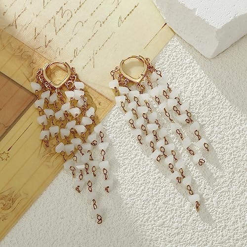 Fringe Hoop Dangle Earrings, Long Beads Tassel Chain Earrings for Women Sparkly Chandelier Earrings - color: White