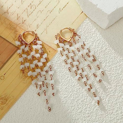 Fringe Hoop Dangle Earrings, Long Beads Tassel Chain Earrings for Women Sparkly Chandelier Earrings - color: White