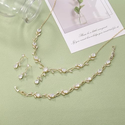 EVER FAITH Cubic Zirconia Pearl Leaf Bridal Jewelry Set for Bride Women | White Wedding Prom Necklace Dangle Earrings Bracelet, for Bridesmaid - color: CZ_Clear Gold-Plated-Brass