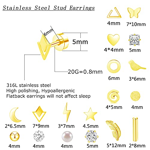 MJust 18 Pairs Earrings Set – Flat Back Stud Hypoallergenic 20G Steel stud | 18 Pairs Flat Back Earrings Set – Hypoallergenic 316L Steel Studs for Cartilage & Lobe Piercings - color: Golden