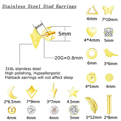MJust 18 Pairs Earrings Set – Flat Back Stud Hypoallergenic 20G Steel stud | 18 Pairs Flat Back Earrings Set – Hypoallergenic 316L Steel Studs for Cartilage & Lobe Piercings - color: Golden