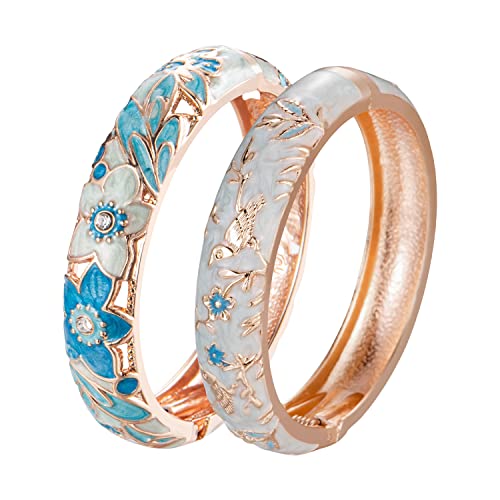 UJOY Handcraft Cloisonne Jewelry Bracelet Colorful Enamel Butterfly Flower Bird Hollowed Spring Hinged Cuff Bangles Women Gifts Pack in Box 88A11 - color: A11-2 Pcs/set-Butterfly-Light Blue