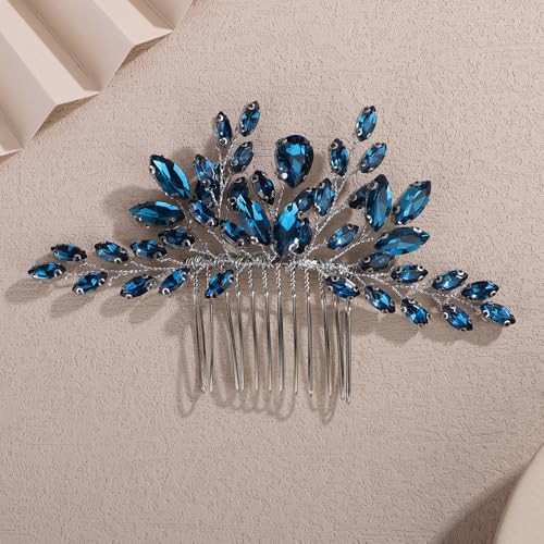 Teyglen Bridal Crystal Hair Comb Full Rhinestone Wedding Hair Comb Blue Teardrop Hair Piece for Bride Wedding Hair Accessories for Women Bridal Headpiece (Peacock blue) - color: Peacock blue