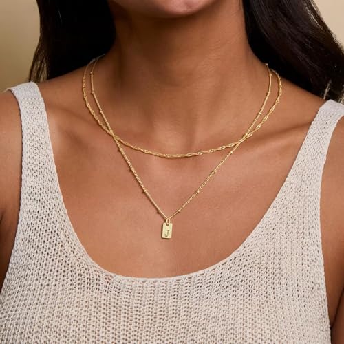 M MOOHAM Layered Initial Necklaces for Women - 14K-Gold-Plated A-Z Necklace | 14K-Gold-Plated Initial Necklace, Dainty Initial Necklaces Jewelry, Letter Necklace for Women Teen Girls, Birthday Gifts - color: P