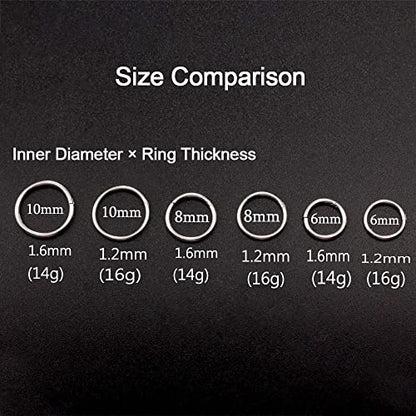 Casvort 10 PCS 16G Seamless Septum Nose Piercing Rings Segment Tragus Hoop Rings 316 Stainless Steel Helix Ring Stack Clickers Ear Plugs Hangers Women Body Jewelry - color: Black Classic, size: 1.2*6mm 10 PCS