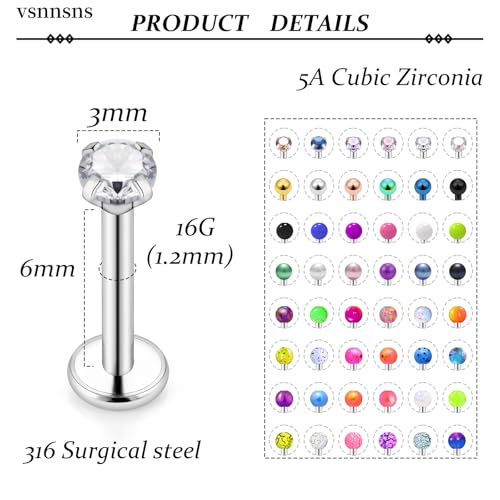 Vsnnsns 48PCS 16G Lip Rings Stainless Steel Tragus Helix Conch Piercing Jewelry Snake Bite Piercing Monroe Lip Rings Labret Medusa Cartilage Lobe Earrings Studs Piercing Jewelry 6MM 8MM 10MM Silver - color: 6MM-Mix Color