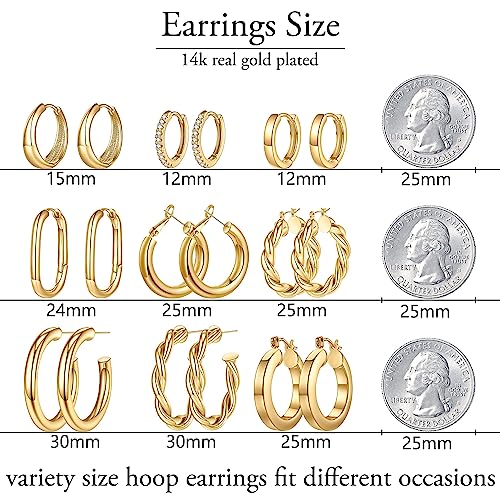 9 Pairs Gold Hoop Earrings for Women, 14K Real Gold Plated Chunky Hoop Earrings Set for Women Hypoallergenic Thick Lightweight Earring for Womens Jewelry Gifts - color: Rose Gold-Plated