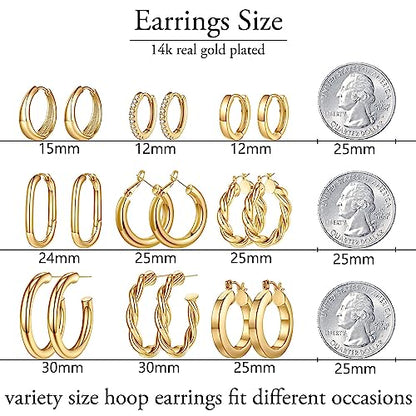 9 Pairs Gold Hoop Earrings for Women, 14K Real Gold Plated Chunky Hoop Earrings Set for Women Hypoallergenic Thick Lightweight Earring for Womens Jewelry Gifts - color: Rose Gold-Plated