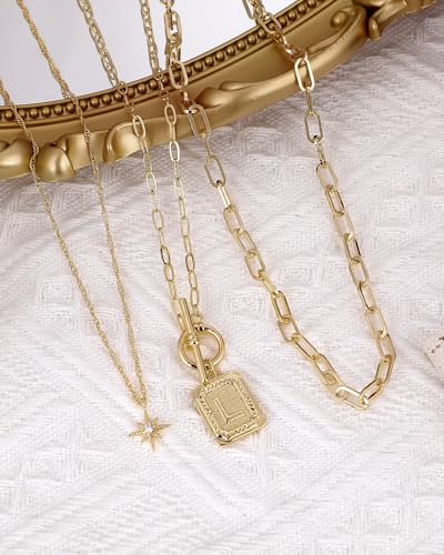 MJartoria Layered Initial Necklaces for Women | 14K Gold Plated Brass, Star Choker, Square Letter Pendant, Paperclip Chain - color: Gold, style: L