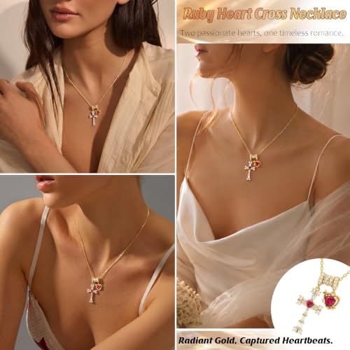 Cross Heart Necklace for Women, Elegant Red Gemstone Pendant Jewelry, Non Tarnish Hypoallergenic Necklace, Dainty Everyday Layering Chain for Her, Birthday Anniversary Graduation Gifts - color: Gold
