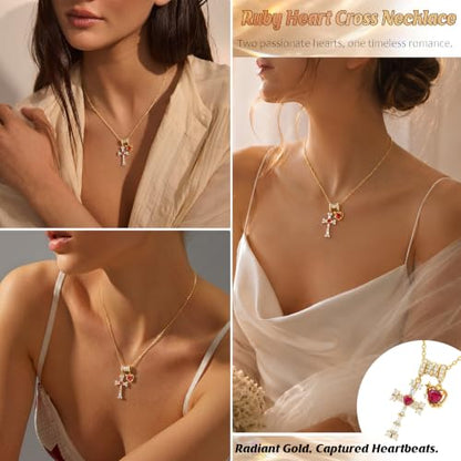 Cross Heart Necklace for Women, Elegant Red Gemstone Pendant Jewelry, Non Tarnish Hypoallergenic Necklace, Dainty Everyday Layering Chain for Her, Birthday Anniversary Graduation Gifts - color: Gold