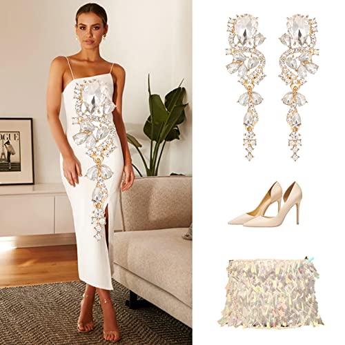Fashion Rhinestone Statement Drop Dangle Earrings Long Colorful Crystal Bridal Wedding Teardrop Chandelier Earrings for Women Prom Pageant - color: Clear-gold