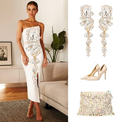 Fashion Rhinestone Statement Drop Dangle Earrings Long Colorful Crystal Bridal Wedding Teardrop Chandelier Earrings for Women Prom Pageant - color: Clear-gold