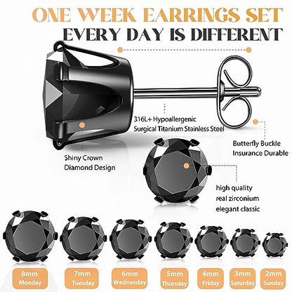 Silver Gold Black Stud Earrings Set 7Pairs Hypoallergenic Cubic Zirconia Titanium Stainless Steel Silver Rose Gold Black CZ Cartilage Stud Earrings Jewelry Sets for Women Men, 2-8mm CZ Stud Earrings - color: 7Pairs Black Diamond Stud Earrings
