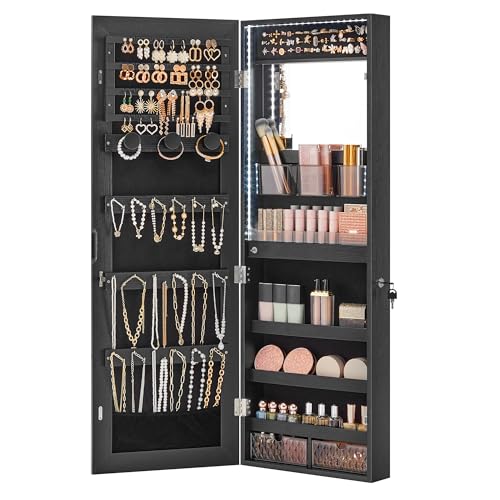 SONGMICS Jewelry Cabinet Armoire Organizer with LED Lights, Wall-Mounted Storage Cabinet with Full-Length Frameless Mirror, Built-in Makeup Mirror, 2 Drawers, Lockable, Black UJJC013B01 - color: Black, style: 42.5-Inch with Built-in Lighted Mirror