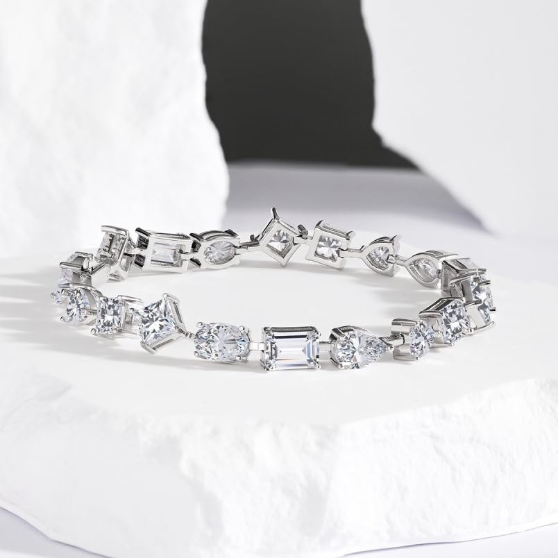 Cubic Zirconia Tennis Bracelets,18k White Gold Plated S925 Sterling Silver Tennis Bracelet, Bracelets for Women,MIix Shape, irregular shape crystal tennis bracelets 17cm