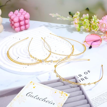 Bremorou 4 Pcs Girls Gold Headband Bridal Headband Crystal Flower Prom Headpiece Flower Leaf Tiara Crown Head Band Wedding Hair Accessories for Women Festival Gifts 5.51× 4.52 Inch