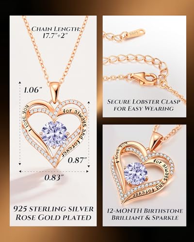 CDE S925 Silver Engraved Forever Love Heart Birthstone Necklaces for Women | 5A CZ,Hypoallergenic,Nickel-Free & Lead-Free Pendant,Anniversary Christmas Wedding Birthday Gift for Wife Girlfriend - color: 06-June, style: Rose Gold Plated