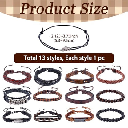 13PCS Boho Cowhide Leather Woven Wrap Bracelets Adjustable Braided Leather Wrist Cuff Stackable Multilayered Hemp Cords Ethnic Tribal Wooden Beads Wristband Bracelets Set for Men Women