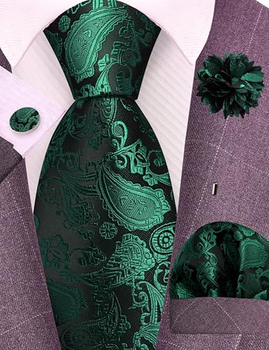 GUSLESON 3.15"（8cm） Mens Paisley Tie and Lapel Pin Necktie Hankerchief Cufflinks Set for Men - color: Emerald Green